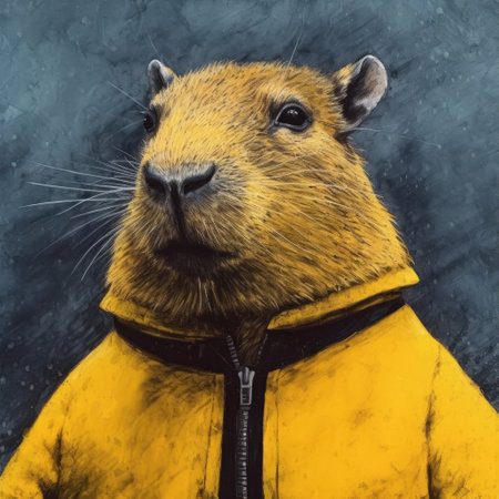 a bunny wearing a vibrant yellow jacket stands out in this street style realism photograph. the detailed wildlife portrayal captures the bunny's essence, while the durk and gritty atmosphere adds depth to the image. the atmospheric portrait showcases the bunny's resilience amidst inclement weather, reminiscent of yupik art with its sgrafitto technique. ai generatedの素材