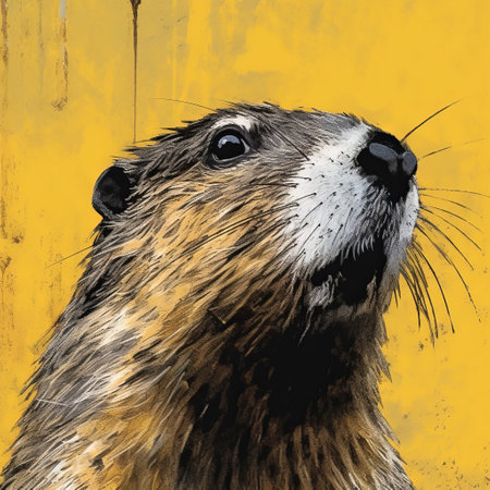 a cartoon drawing of a groundhog with its head looking at the ground. the drawing is done in a style that combines yellow and bronze colors, resembling realistic bird paintings. the artwork features vibrant murals, weathered materials, and splattered/dripped effects. the groundhog is depicted with realistic hyper-detail and bold lithographic elements. ai generatedの素材
