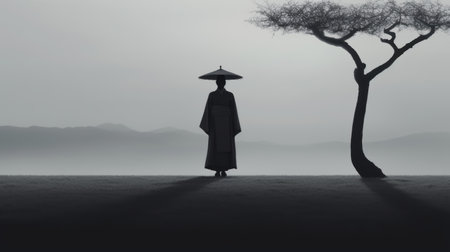a silhouette person stands under a tree with the sun in the background, reminiscent of the heian period. this minimalist black and white artwork by oliver wetter captures a misty atmosphere, showcasing an elaborate kimono and imaginative characters. rendered in maya, this piece exudes the essence of the heian era. ai generatedの素材