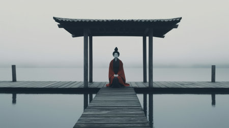 a person sits on a dock by a lake, surrounded by lanterns, in a style reminiscent of geisha portraiture. the image exudes minimalist simplicity with its dark gray and red tones. the misty atmosphere adds an air of mystery. inspired by edogawa ranpo, the raw character of the scene is captured in this high-definition image. ai generatedの素材