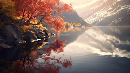 a stunning photo of a serene waterfall in autumn, surrounded by majestic mountains and reflected in a peaceful lake at sunset. this captivating wallpaper captures the beauty of nature with delicately rendered landscapes in the style of clifford coffin. the soft and dreamy scenes resemble norwegian nature and japanese-style landscapes, showcasing detailed marine views. ai generatedの素材