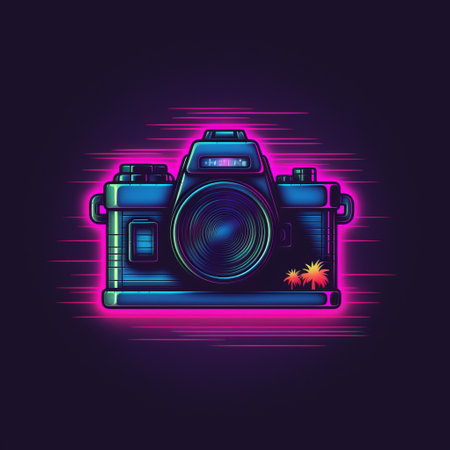 vintage retro camera icon for tattoo design. this retro camera features a neon color palette with dark sky-blue and dark magenta tones. the design is inspired by explosive expressionism and digital neon aesthetics, reminiscent of the outrun style. the camera itself is a nikon l35af, depicted in a colored cartoon style, creating a unique photoillustration. ai generatedの素材