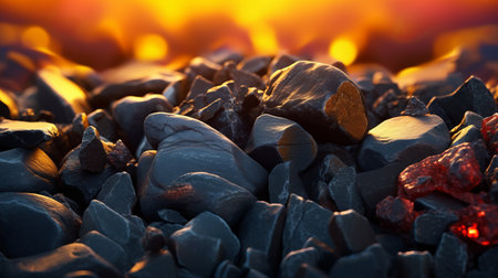 flames and rocks on the ground captured in a close-up image, showcasing vray tracing techniques. the photograph, taken by carl eugen keel, features bold shadows, a color palette of dark orange and light black, and an industrial and product design aesthetic. the image also incorporates elements of gemstone and is reminiscent of the work of marcin sobas. ai generatedの素材