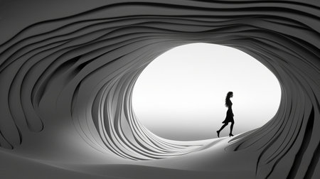 a person gracefully walks across the side of a tunnel in this 2d image. the artwork is reminiscent of flowing forms, intricate black and white illustrations, and the styles of artists anna dittmann and philip mckay. the image features multi-layered figures created with cardboard, resulting in a captivating and artistic composition. ai generatedの素材
