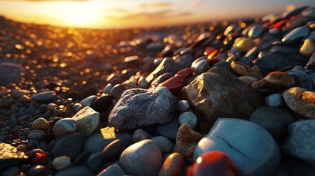 pebbles on the ground at sunset, captured in a 2d desktop wallpaper. this vibrant image showcases bold primary colors and the use of tilt-shift lenses. inspired by the works of john chamberlain and traditional british landscapes, it also incorporates hyperrealistic marine life. the contrasting hues of dark crimson and light amber create a captivating visual, reminiscent of iconic rock and roll imagery. ai generatedの素材