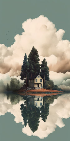 clouds, house, and tree are beautifully reflected in this digital painting. the nostalgic realism and romanticized depiction of wilderness create a captivating scene. with detailed character illustrations and an 8k resolution, this image showcases the essence of american tonalism and conceptual minimalism. ai generatedの素材