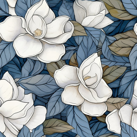 magnolia: a big purple flower at the end of summer, showcased in a seamless pattern. this artwork is created in the style of dark white and light blue, with monochromatic paintings and mosaic-inspired realism. the composition features a combination of dark beige and blue, resulting in colorful and nature-inspired drawings. a romantic illustration that captures the beauty of magnolias. ai generatedの素材