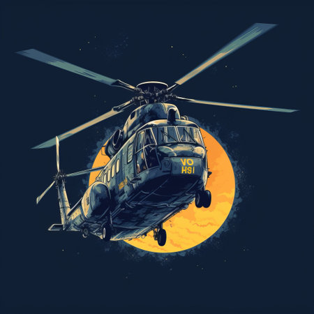 a red and black helicopter soars through the sky with the moon as its backdrop. this captivating artwork, inspired by dan mumford's style, features detailed character illustrations in dark yellow and indigo hues. the dutch marine scenes add depth to the composition, with a touch of dark gray and amber tones. this commissioned piece showcases the artist's mastery of quadratura technique. ai generatedの素材