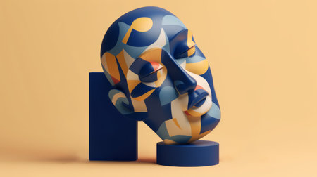 a 3d illustration of a geometric character creation in the style of colorfully abstracted faces. the design showcases bold patterns and vibrant colors, reminiscent of surrealistic ceramic sculptures. inspired by antonello da messina, this high-detailed object modeler captures the essence of light navy and amber tones, creating a visually stunning and captivating piece of art. ai generatedの素材