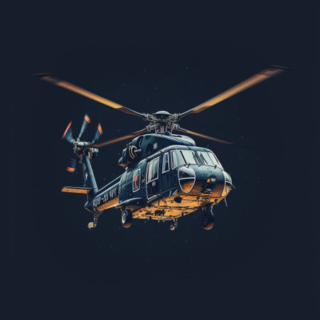 a black chopper flies through the night sky, depicted in a realistic and hyper-detailed style. this minimalist illustration showcases the navy transportcore theme, incorporating iconic pop culture references. the artwork features luminous colors and intricate details of wildlife. ai generatedの素材
