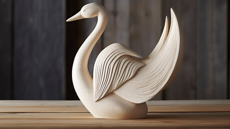 a wooden sculpture of a swan, crafted in the traditional japanese style, is gracefully displayed on a table. this elegant artwork showcases intricate inking techniques and reflects the influence of whistlerian aesthetics. with a touch of environmental awareness, this online sculpture captivates with its breathtaking beauty. ai generatedの素材
