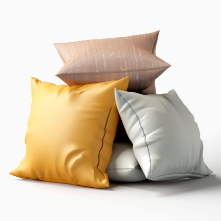 multiple pillow piles in various colors and hues, featuring vray tracing style. the pillows showcase a combination of light amber and gray tones, set against a clean white background. the arrangement is sparse and simple, with a texture-based design. the overall color scheme leans towards light yellow and bronze shades. ai generatedの素材