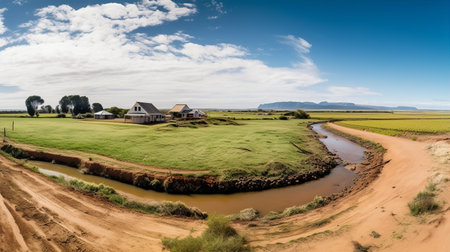 a captivating view of rural land featuring a house near a serene river. this panoramic scale photograph beautifully showcases the vibrant coastal landscape, incorporating elements of ndebele art. captured using schlieren photography techniques, this 32k uhd image is reminiscent of a national geographic photo, immersing viewers in the natural beauty of the scene. ai generatedの素材