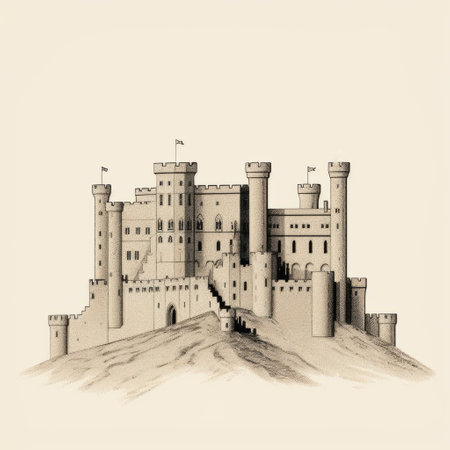 a vintage-style black and white drawing of a castle from the 1000-1400 ce era. the drawing showcases steeples on top of the castle, with a realistic and detailed rendering. the sepia-toned photography style adds a nostalgic touch. the flat perspective and wide-angle lens capture the castle's grandeur, while the flowing silhouettes create an enchanting atmosphere. this drawing is reminiscent of the works of dod procter.の素材