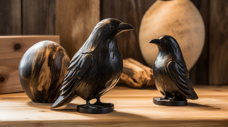 wood crows, a natural art piece created by indian artist chander agarwal, captures the essence of shallow depth of field. inspired by the works of charles addams, frank weston benson, and wiesaw wakuski, this handcrafted masterpiece showcases a captivating blend of dark silver and light black tones. shot using the sony alpha a7 iii, it is a stunning representation of artistic brilliance. ai generatedの素材