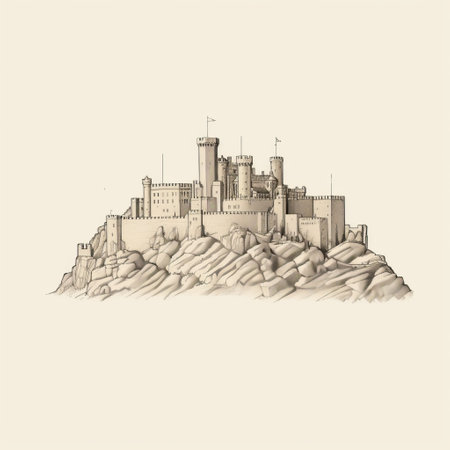 a pen and ink illustration of a sand castle, created by aaron horkey, showcases realistic landscapes with soft, tonal colors. the artwork captures the essence of mediterranean landscapes, featuring detailed architectural elements. the minimalistic landscapes are depicted with high resolution, providing accurate and intricate details. ai generatedの素材