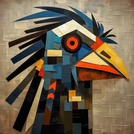 an abstract cubist portrait of a rooster and other birds is depicted in this unique piece of art. the artwork combines elements of wood veneer mosaics, hopi art, and prehistoric art, with a color palette of dark cyan and gray. punctured canvases and digital art techniques are also incorporated, resulting in a visually striking composition. ai generatedの素材