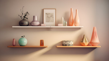 a 3d illustration featuring vases and a book in a light pink and light orange color scheme. this image showcases various modes of display and collecting, with influences from sketchfab, hard edge painting, and subtle shading. the style is reminiscent of 20th-century scandinavian design, with spot metering used to enhance the overall composition. ai generatedの素材