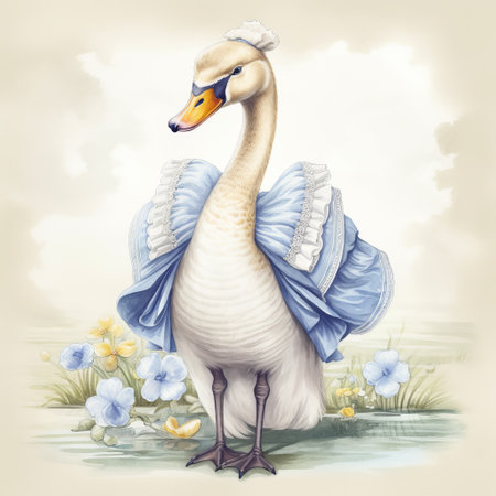 a swan dressed in a white, blue, and pink dress stands gracefully in this realistic animal portrait. the historical illustration style adds a touch of elegance to the dark yellow and light indigo color scheme. created with pencil art, this serene pastoral scene showcases light blue and beige tones, making it a captivating pictorial. ai generatedの素材