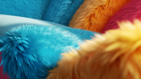 a photo of a lily puff, showcasing intricate 2d art with attention to fur and feathers texture. this free and premium 3d stock image captures the essence of color field explorations and realistic hyper-detail. the light amber and blue hues beautifully complement the color-blocked textiles, resulting in a vibrant and furry artwork that exudes colorful realism. ai generatedの素材