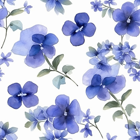 a floral seamless pattern featuring blue pansies on a white background. this serene ink painting style design is reminiscent of gossamer fabrics and aquarellist techniques. the violet hues add a touch of elegance, while the mingei influence brings a sense of simplicity. perfect for creating luxurious fabric designs. ai generatedの素材