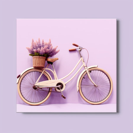 lavender flowers adorn a white bicycle, creating a picturesque scene reminiscent of realistic landscapes. the soft, tonal colors and vintage poster design evoke a sense of nostalgia. vibrant color blocks add a pop of vibrancy to the cardboard-made bicycle, which stands out in its dark pink and light beige hues. this industrial and product design captures attention effortlessly. ai generatedの素材