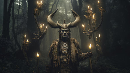 an old man with horns stands in a forest, illuminated by candles. this portrait captures the intricate details of his costume, reminiscent of indonesian art and the danish golden age. the image evokes a sense of fantasy and otherworldly creatures, with elements of masks and totems. a fine art photograph that transports viewers to a fantastical realm. ai generatedの素材