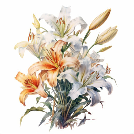 a painting of lilies in a vase on a white background, in the style of jc leyendecker. the light orange and beige hues create a realistic and detailed rendering of the lilies. the symmetrical arrangement adds to the overall aesthetic. this artwork, reminiscent of peter saville's style, showcases accurate bird specimens. ai generatedの素材