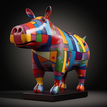 a colorful sculpture featuring vibrant patterns, inspired by the contemporary style of animal sculptures. this artwork showcases a realistic and detailed rendering, reminiscent of the works of peter bagge, alfred munnings, and didier loureno. created using the software maya, this sculpture captivates with its intricate design and lively colors. ai generatedの素材
