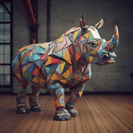 geometric rhino sculpture by artist sambhi nath, showcasing colorful chaos and photorealistic rendering. this rustic scene captures the essence of the 8k 3d artwork, with its artistic reportage style and richly colored details. a true masterpiece and contest winner. ai generatedの素材