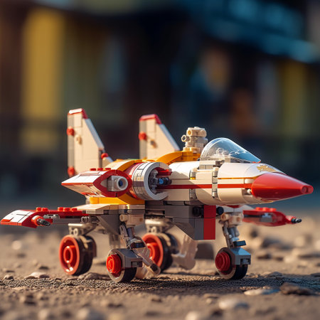 a tiny lego star wars star fighter sits on a brick, captured in a uhd image with a lensbaby effect. this modular constructivism-inspired scene showcases the precision and detail-oriented nature of lego creations. the white and red color scheme adds a touch of vibrancy, reminiscent of the new fauves art movement. ai generatedの素材