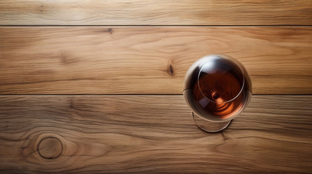 a glass of wine sits on a wood table, showcasing texture-rich surfaces and a subtle tonal range. the aerial view captures the precisionist details of the varying wood grains, while the understated simplicity of the composition is enhanced by the contrasting shadows. ai generatedの素材