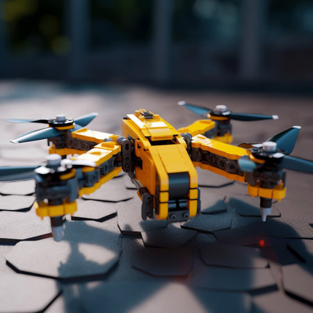 a lego toy mini drone is parked on a black surface, showcasing its futuristic design with dark yellow and light azure colors. the image is captured in the style of soft edges and blurred details, creating a sense of motion. the rough hewn surfaces of the drone add to its realistic appearance. this photograph, taken with an iso of 200, resembles the artistic style ofの素材