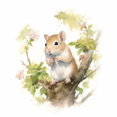 an illustrator creates a stunning artwork by painting on a paper mouse using floral backgrounds. the style of the piece is reminiscent of tranquil gardenscapes, with a combination of light white and light brown hues. the artist skillfully employs realistic usage of light and color, incorporating eastern brushwork techniques. the illustration features characterized animals and showcases heavy shading for added depth and dimension. ai generatedの素材