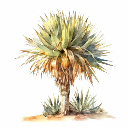 a watercolor illustration of a saguaro plant, done in the style of orientalist landscapes. this stock image features soft shading and a mid-century illustration aesthetic. it showcases the beauty of the saguaro plant in an environmental portraiture manner, with a touch of graphic illustration. ai generatedの素材