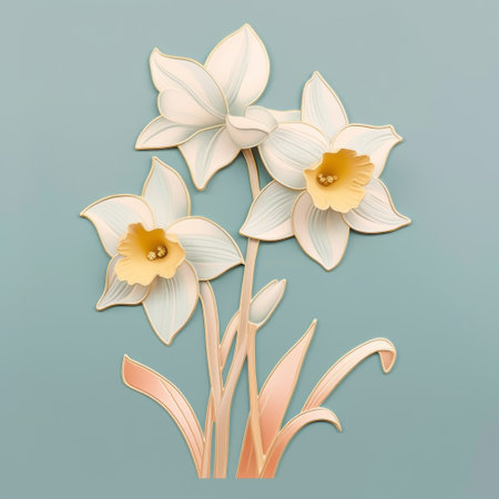 daffodils flowers vector design, nature illustration doodle, in the style of paper sculptures. this light teal and light beige artwork showcases a realistic trompe-l'oeil effect, resembling porcelain wall sculptures and installations. the richly layered design captivates with its hyper-detail and lifelike appearance. ai generatedの素材