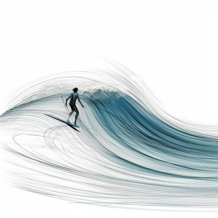 surfer riding a surfboard in a wave, depicted in a vector illustration inspired by the styles of kazuki takamatsu and edoardo tresoldi. the image captures the essence of a national geographic photo, with its dark, white, and teal color palette. the minimalist strokes convey a sense of transparency and lightness, reminiscent of the work of tony orrico. ai generatedの素材
