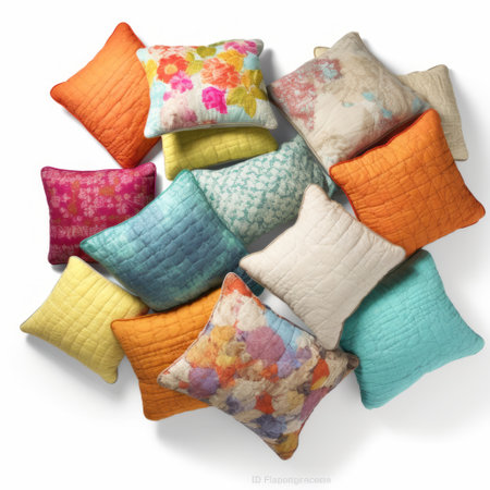 colorful pillows arranged on a white background, featuring layered and textured mixed media pieces, photorealistic renderings, precisionist lines, delicate washes, and limited color range. these vibrant pillows showcase the beauty of pictorial fabrics and the rich hues of kodak colorplus, adding a touch of artistic flair to any space. ai generatedの素材