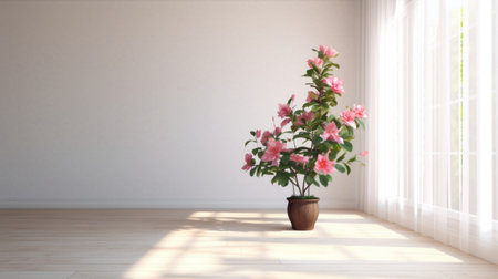 a potted plant, resembling cherry blossoms, rests in the center of an empty room. the photorealistic renderings showcase its light red and light pink hues. influenced by chinapunk, the plant's colors blend with shades of light pink and brown. traditional techniques are employed, and the sunrays gracefully illuminate the scene. ai generatedの素材