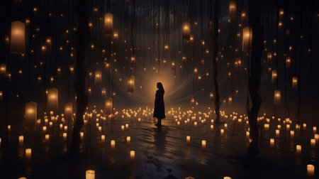 a person stands in the dark surrounded by a mesmerizing arrangement of lit candles. this captivating scene, reminiscent of the styles of jessica rossier, yayoi kusama, and mark keathley, combines elements of digital fantasy landscapes, theatrical lighting, and storybook illustration. the image is a stunning reimagining, evoking the magical touch of industrial light and magic. ai generatedの素材