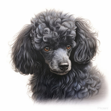 the black poodle dog with curly brown hair is captured in a realistic portrait drawing style. the artwork features a color palette of light magenta and dark gray, inspired by the works of anne stokes and robert antoine pinchon. the high-resolution image is rendered in 8k resolution and beautifully showcases the details of the poodle's coat. the photograph is taken using adox silvermax film, resultingの素材
