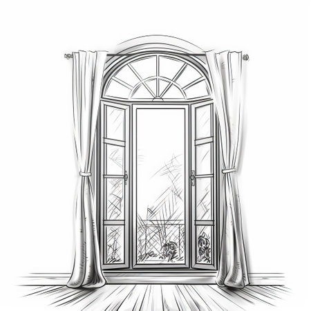 an illustration of an open window with curtains in the background, showcasing elegant inking techniques and detailed sketching. this black and white artwork captures a sense of realism with rounded shapes and intricate details. the artist used the ferrania p30 film to achieve a unique aesthetic. the illustration also features detailed character illustrations and a touch of aluminum accents. ai generatedの素材