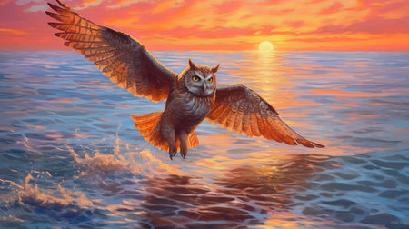 an owl gracefully soars above the water during a breathtaking sunset. this stunning photograph captures the owl's vibrant colors and intricate details, reminiscent of the style of colorful realism. the rich hues of crimson and yellow create a mesmerizing scene, evoking a sense of awe and wonder. the image showcases the beauty of nature in a fantastical and realistic manner, akin to mural paintings. shotの素材