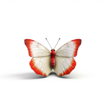 a red and white butterfly rests gracefully on a pristine white background. this stunning photograph showcases the intricate details of the butterfly's wings in a photorealistic surrealism style. with 8k 3d resolution and minimal retouching, the image captures the essence of balinese art. the light white and bronze tones add a touch of elegance, while the symmetrical balance enhances the life-like avian illustrations. ai generatedの素材