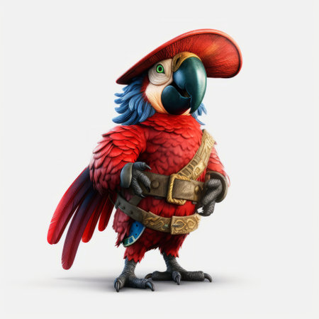 the pirate bird in this illustration is wearing a red hat and a blue cap, and is depicted in the style of vray tracing. the character is highly detailed and resembles moche art, with a strong use of color. the grid-based design and hyper-realistic animal illustrations give it a graphic quality similar to xbox 360 graphics. ai generatedの素材