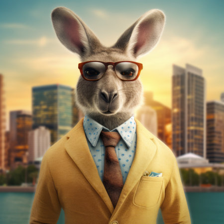 a man dressed as a rabbit in a stylish suit stands amidst a photorealistic cityscape, featuring native australian motifs. the image showcases vignetting and warmcore effects, with sun-soaked colors. this realistic animal portrait, rendered in maya, captures the unique blend of whimsy and urban sophistication. ai generatedの素材