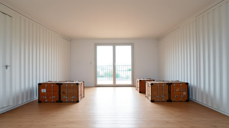 shipping container interiors designed in the style of richard meier, featuring restrained forms and a light color palette of white and light brown. these interiors offer additional storage space and are captured beautifully in a bokeh panorama photograph taken with a nikon d750 camera using fujifilm pro 800z film, reminiscent of the artistic style of joseph beuys. ai generatedの素材