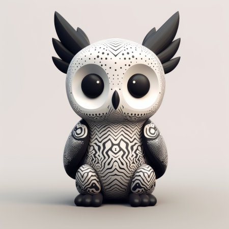 this photo features an adorable owl sculpture with patterned wings created by pauleann on shabby chic 4. rendered in cinema4d, the minimalist black and white design showcases luminous 3d objects with toy-like proportions and cartoonish character design. the blurred forms add to the charm of this cute toy sculpture. ai generatedの素材