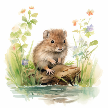 a watercolor print featuring a little rat perched on a log surrounded by vibrant flowers. this artwork showcases naturalistic landscape backgrounds and incorporates symbolic use of animals. created in the style of a marine painter, it evokes traditional animation and wildlife muralism. the high-resolution image captures the intricate details, reminiscent of whistlerian aesthetics. ai generatedの素材