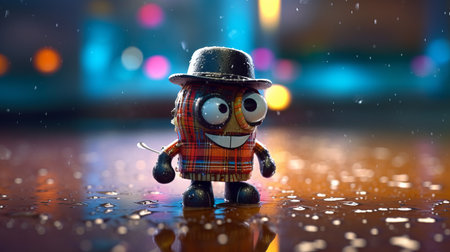 small boy wearing a long black hat stands near the city of toy rain wallpaper. the photo is in the style of miki asai, glasgow style, and ben wooten. it features colorful caricature, hd, inventive character designs, and pseudo-realistic elements. ai generatedの素材